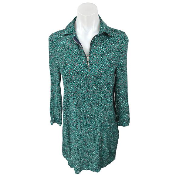 Zara Green Polka Dot Long Sleeve Collar Zipper Mini Tunic Shirt Shift Dress Sz M - Picture 1 of 5